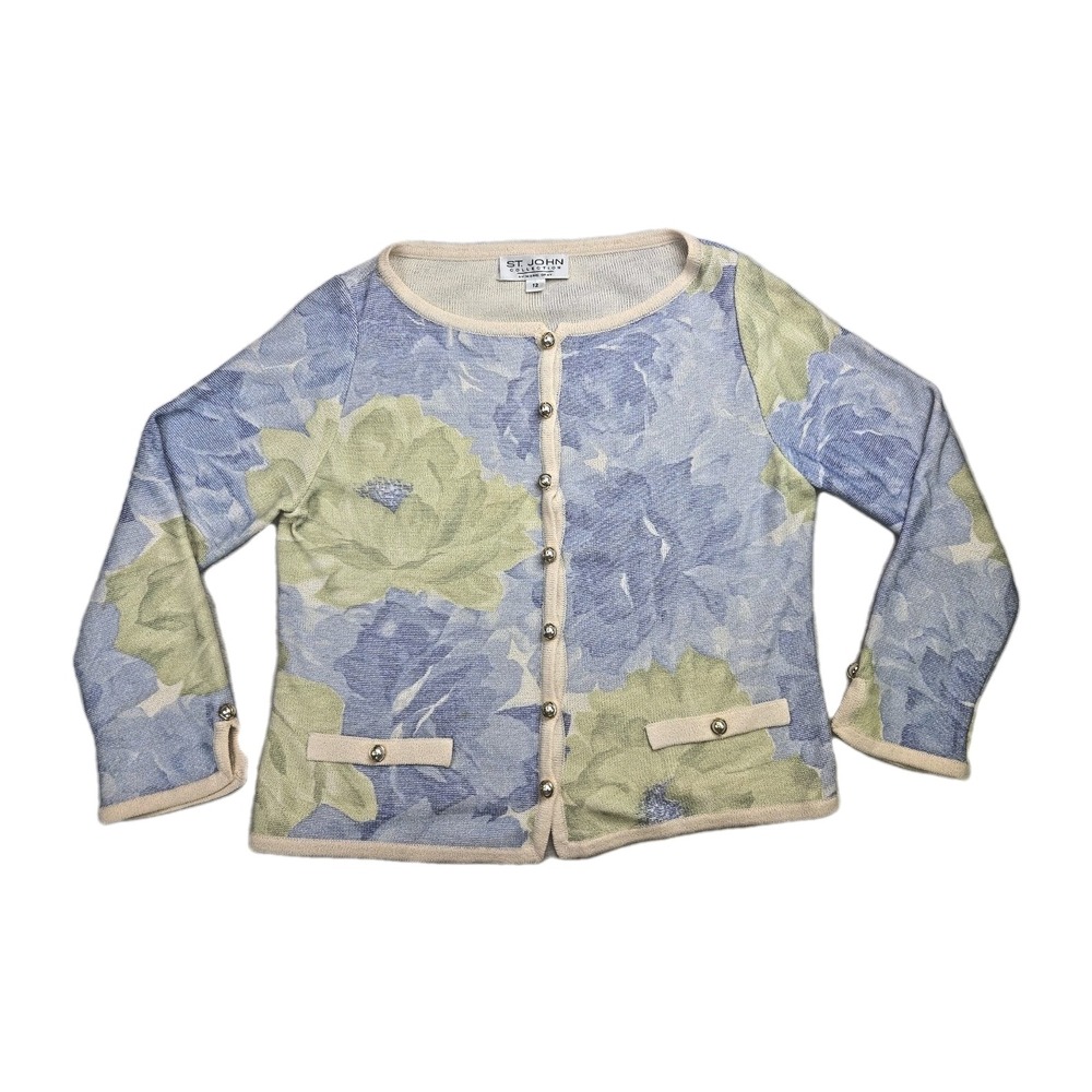 Vtg ST JOHN Collection Marie Gray Knit Floral Button Cardigan Jacket 2002 Sz 12